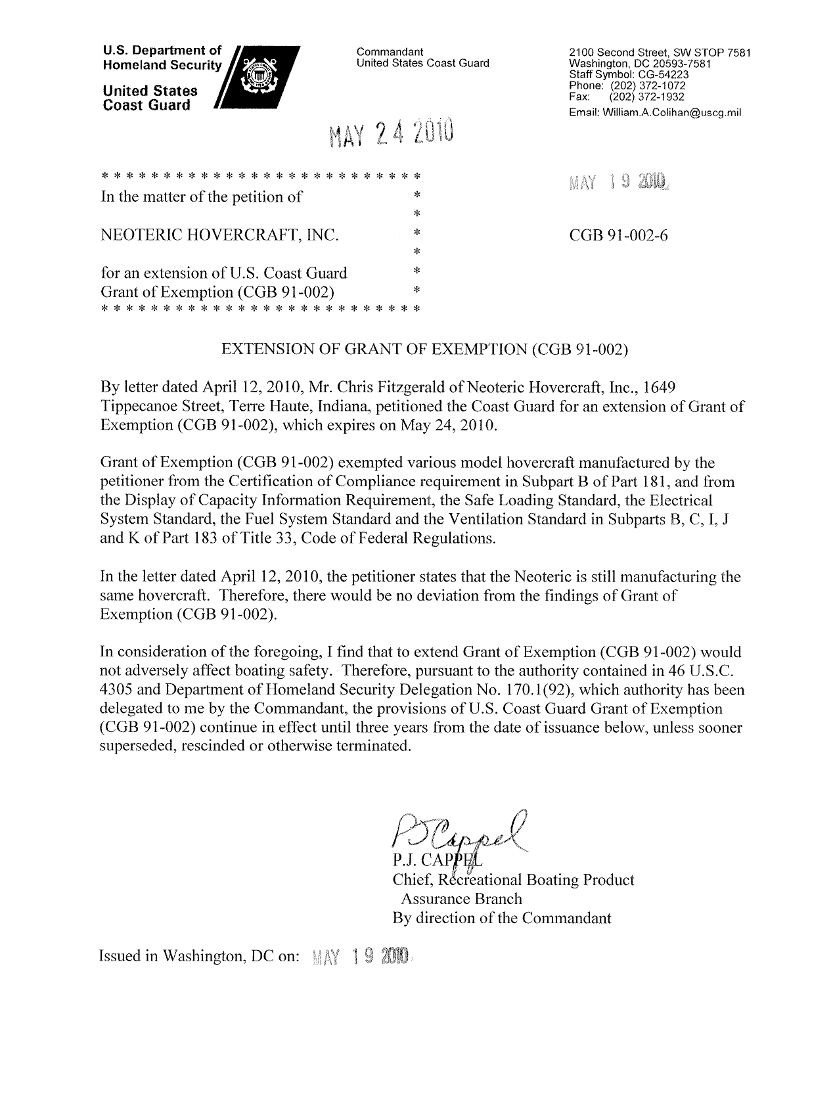 US Coast Guard Inspection and Approval Exemption Certificate
